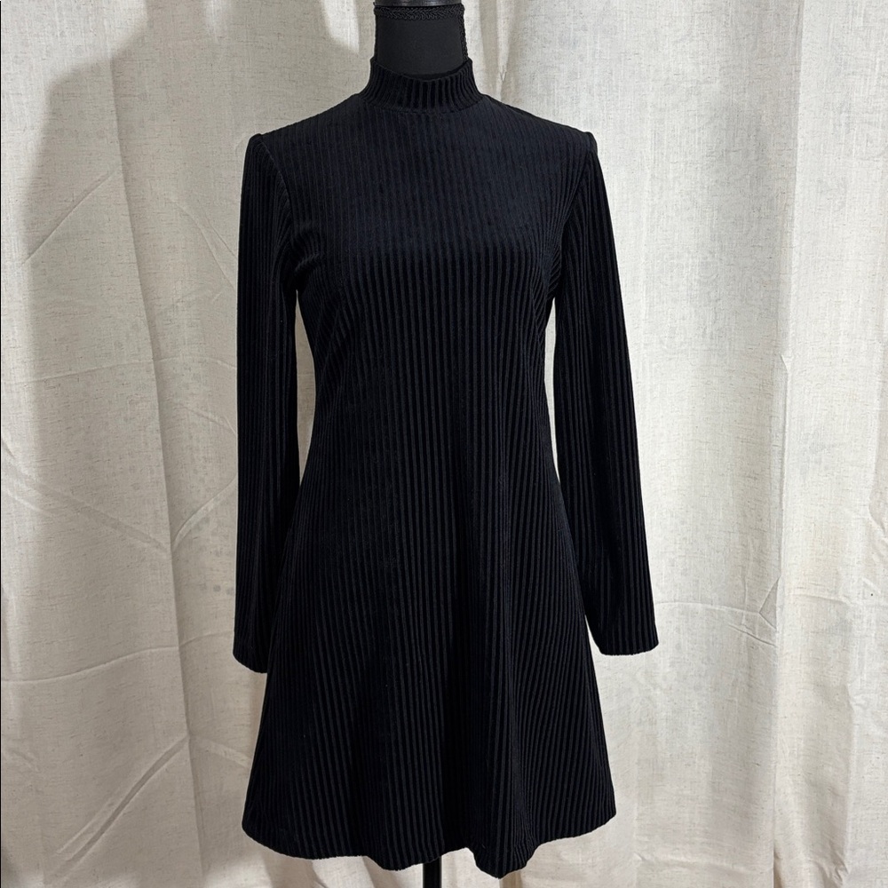 Black Ribbed Velour Mini Dress